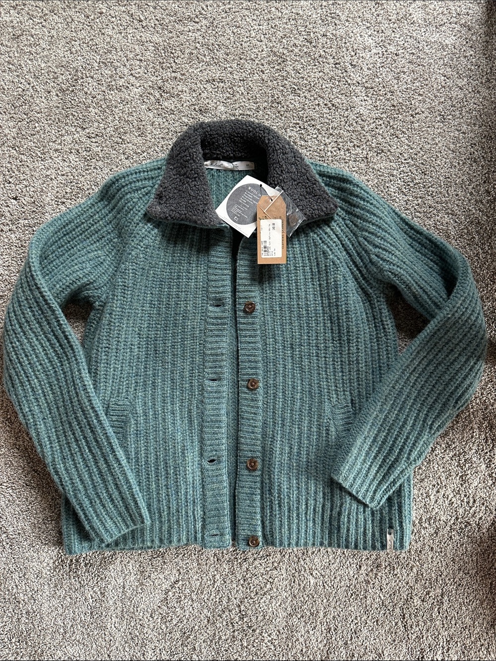 Woolrich Teal Green Ribbed By The Fire Cardigan with Dark Gray Sherpa Collar